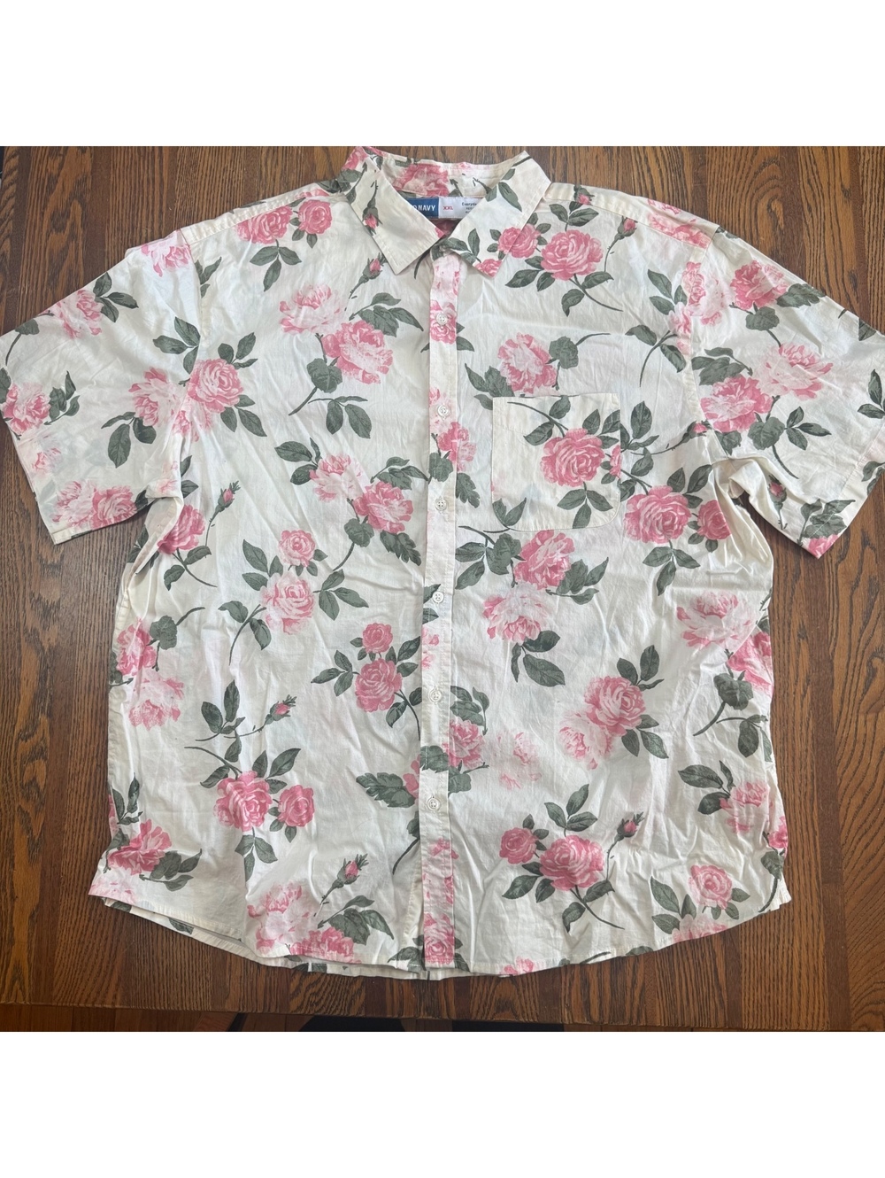 Old Navy Floral Button Down Shirt Men XXL Ivory Pink Rose Short Sleeve Festival